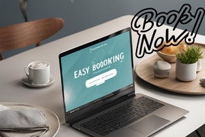 the picture shows a laptop on a table with the text of book now, that means it has very easy travel booking experience.