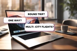 picture is showing flexible booking experience, whether it is a round trip, multi-city flights or one way. A laptop is placed on a table near window.